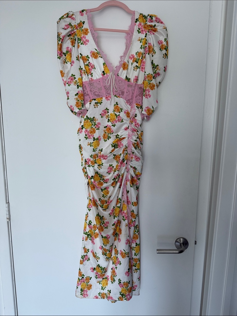 For Love & Lemons White Floral Midi Maxi Dress with Pink Lace Bodice & High Slit